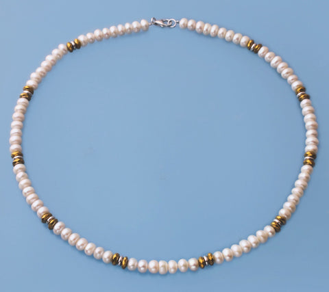 Sterling Silver Necklace with 6-6.5mm Centre-Drilled Freshwater Pearl and Hematite