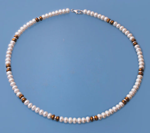 Sterling Silver Necklace with 6-6.5mm Centre-Drilled Freshwater Pearl and Hematite