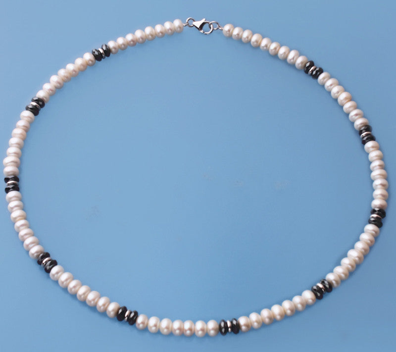 Sterling Silver Necklace with 6-6.5mm Centre-Drilled Freshwater Pearl and Hematite - Wing Wo Hing Jewelry Group - Pearl Jewelry Manufacturer