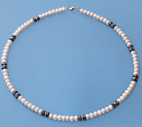 Sterling Silver Necklace with 6-6.5mm Centre-Drilled Freshwater Pearl and Hematite