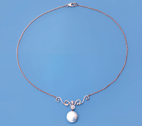 Rose Gold Plated Silver Pendant with 13.5-14mm Coin Shape Freshwater Pearl and Cubic Zirconia