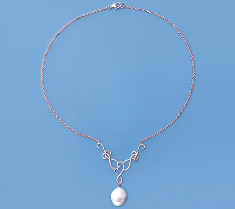 Rose Gold Plated Silver Pendant with 13-14mm Baroque Shape Freshwater Pearl and Cubic Zirconia