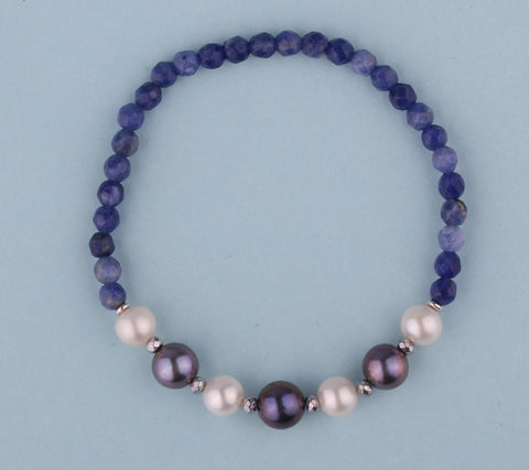 6.5-8mm Potato Shape Freshwater Pearl Bracelet with Hematite and Blue-Vein Stone