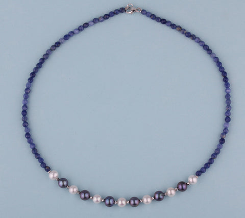 Sterling Silver Necklace with 6.5-8mm Potato Shape Freshwater Pearl, Hematite and Blue-Vein Stone