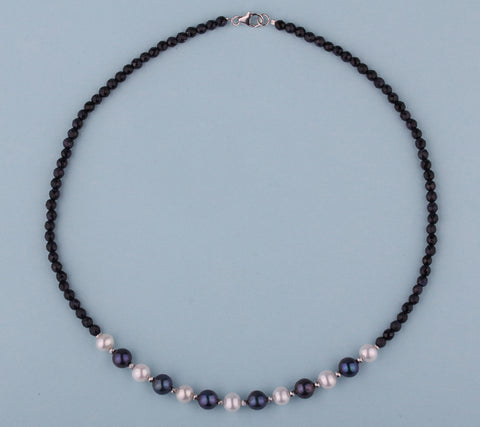 Sterling Silver Necklace with 6.5-8mm Potato Shape Freshwater Pearl, Hematite and Blue Sandstone
