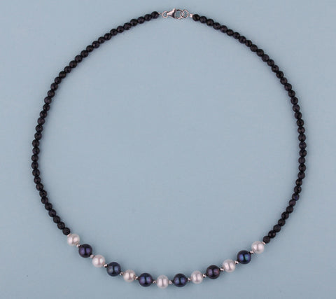 Sterling Silver Necklace with 6.5-8mm Potato Shape Freshwater Pearl, Hematite and Blue Sandstone