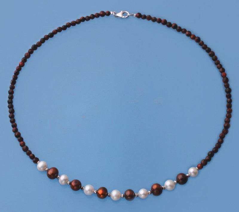Sterling Silver Neckalce with 6.5-8mm Potato Shape Freshwater Pearl and Tiger Eye - Wing Wo Hing Jewelry Group - Pearl Jewelry Manufacturer