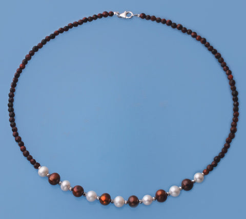Sterling Silver Neckalce with 6.5-8mm Potato Shape Freshwater Pearl and Tiger Eye