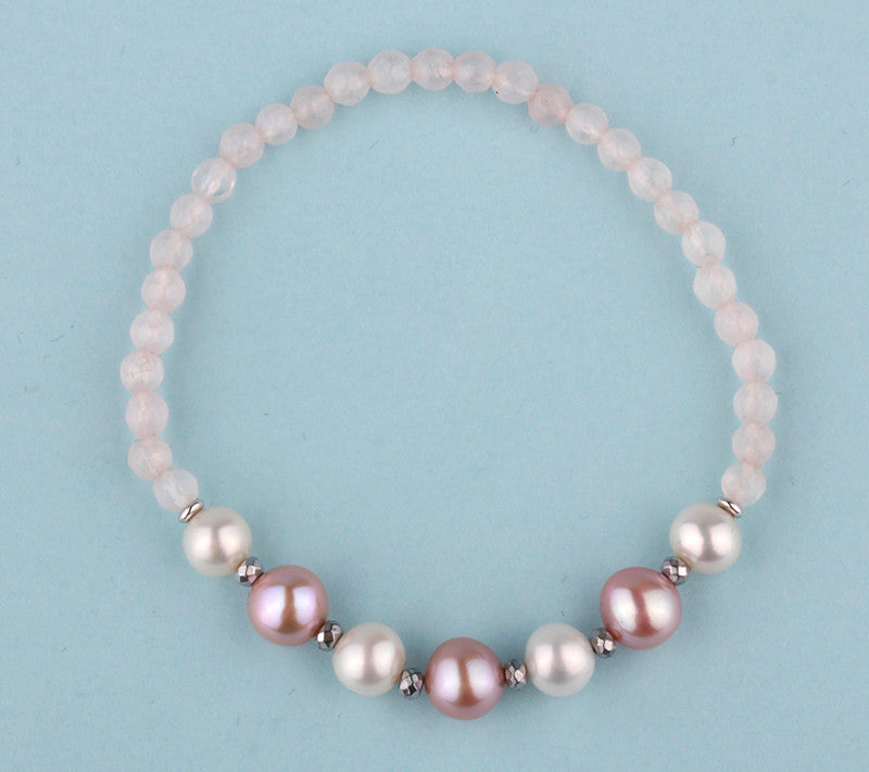 6.5-8mm Potato Shape Freshwater Pearl Bracelet with Hematite and Rose Quartz - Wing Wo Hing Jewelry Group - Pearl Jewelry Manufacturer
