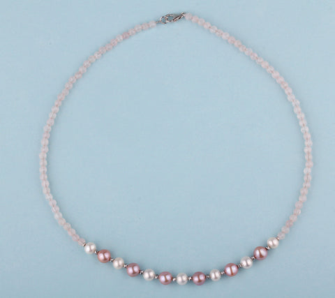 Sterling Silver Necklace with 6.5-8mm Potato Shape Freshwater Pearl, Hematite and Rose Quartz