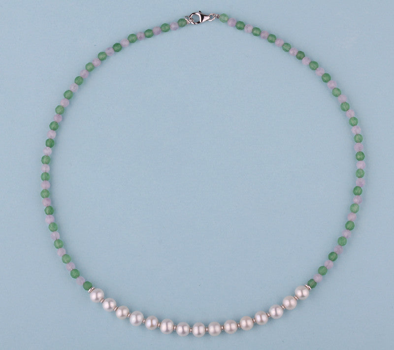 Sterling Silver Necklace with 6.5-7mm Potato Shape Freshwater Pearl, Amethyst and Aventurine - Wing Wo Hing Jewelry Group - Pearl Jewelry Manufacturer