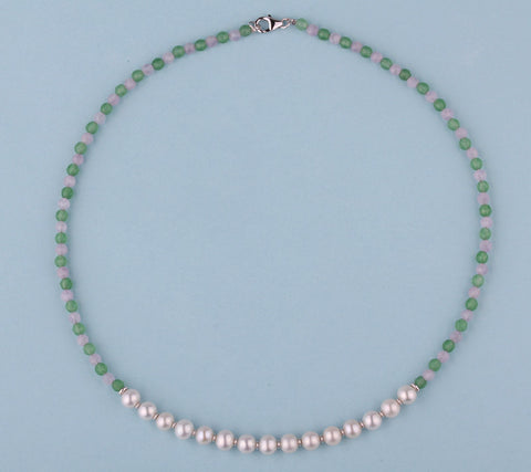 Sterling Silver Necklace with 6.5-7mm Potato Shape Freshwater Pearl, Amethyst and Aventurine