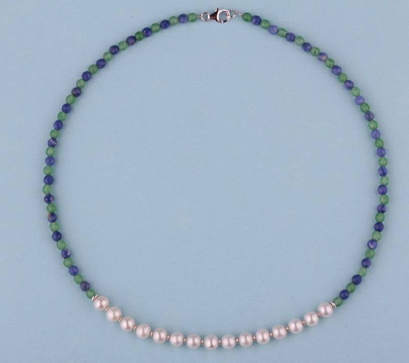 Sterling Silver Necklace with 6.5-7mm Potato Shape Freshwater Pearl, Aventurine and Blue-Vein Stone - Wing Wo Hing Jewelry Group - Pearl Jewelry Manufacturer
