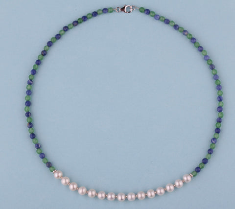Sterling Silver Necklace with 6.5-7mm Potato Shape Freshwater Pearl, Aventurine and Blue-Vein Stone