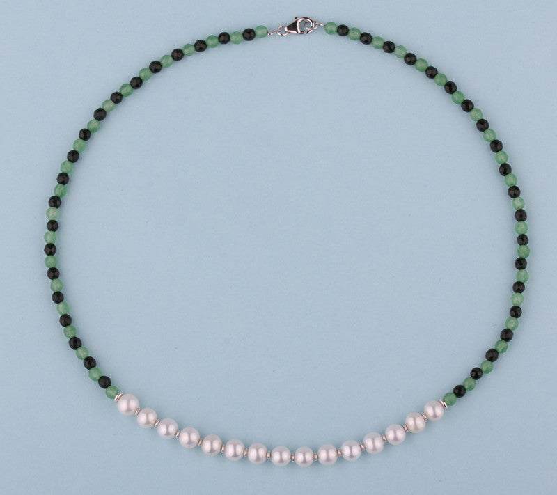 Sterling Silver Necklace with 6.5-7mm Potato Shape Freshwater Pearl, Aventurine and Green Sandstone - Wing Wo Hing Jewelry Group - Pearl Jewelry Manufacturer