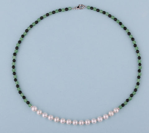 Sterling Silver Necklace with 6.5-7mm Potato Shape Freshwater Pearl, Aventurine and Green Sandstone