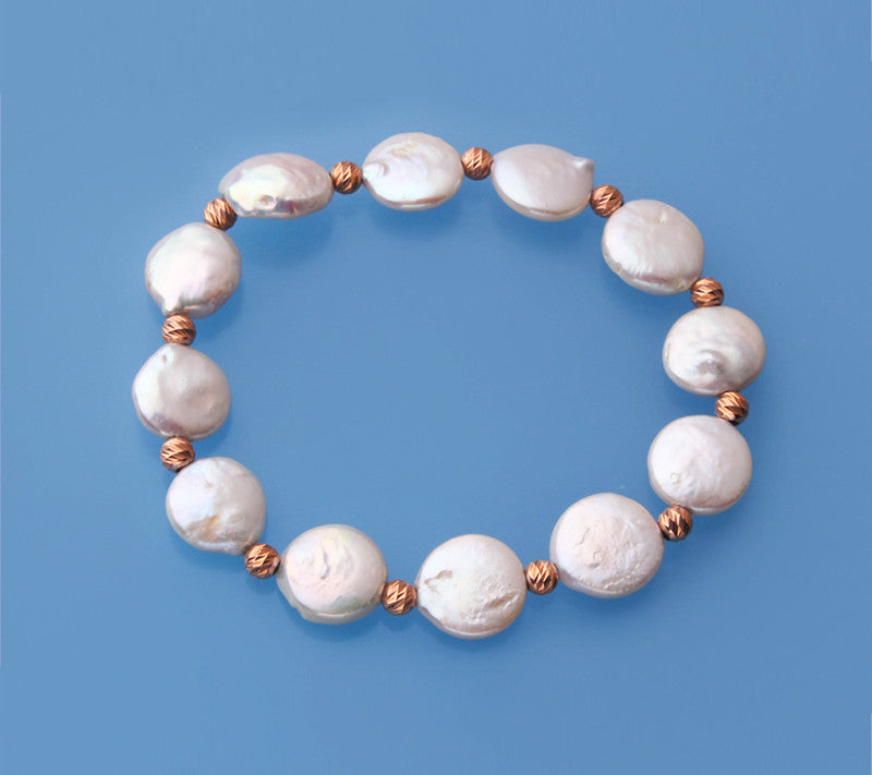 11-12mm Coin Shape Freshwater Pearl Bracelet with Rose Gold Plated Silver Ball - Wing Wo Hing Jewelry Group - Pearl Jewelry Manufacturer