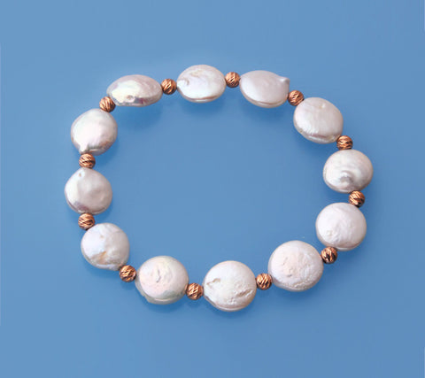 11-12mm Coin Shape Freshwater Pearl Bracelet with Rose Gold Plated Silver Ball