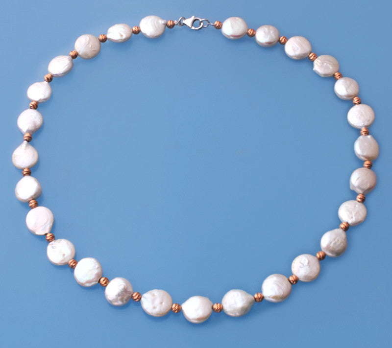 Sterling Silver Necklace with 11-12mm Coin Shape Freshwater Pearl and Rose Gold Plated Silver Ball - Wing Wo Hing Jewelry Group - Pearl Jewelry Manufacturer