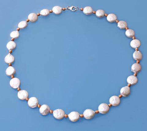 Sterling Silver Necklace with 11-12mm Coin Shape Freshwater Pearl and Rose Gold Plated Silver Ball