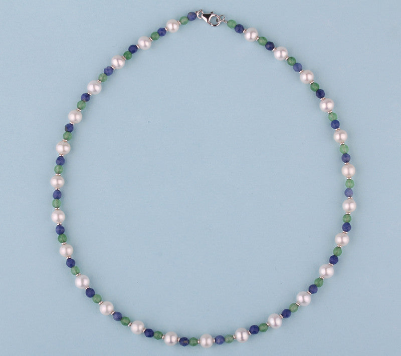 Sterling Silver Necklace with 6.5-7mm Potato Shape Freshwater Pearl, Aventurine and Blue-Vein Stone - Wing Wo Hing Jewelry Group - Pearl Jewelry Manufacturer