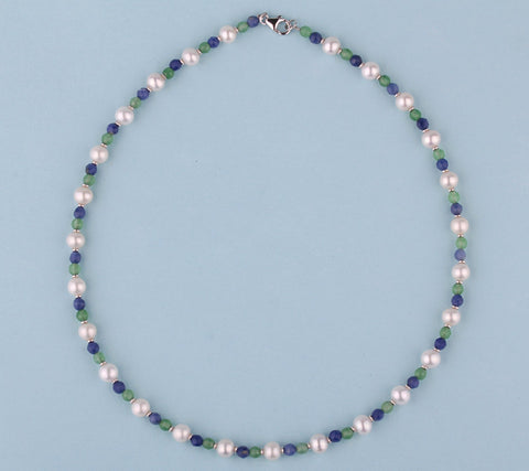 Sterling Silver Necklace with 6.5-7mm Potato Shape Freshwater Pearl, Aventurine and Blue-Vein Stone