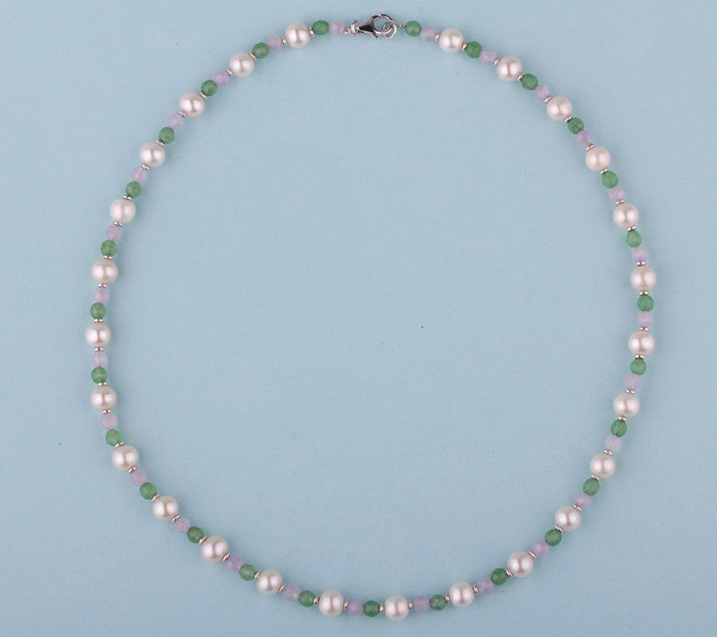 Sterling Silver Necklace with 6.5-7mm Potato Shape Freshwater Pearl, Aventurine and Amethyst - Wing Wo Hing Jewelry Group - Pearl Jewelry Manufacturer