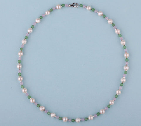 Sterling Silver Necklace with 6.5-7mm Potato Shape Freshwater Pearl, Aventurine and Amethyst