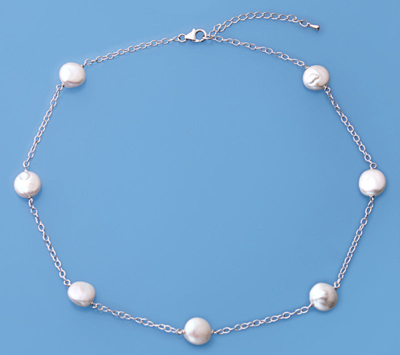 Sterling Silver Necklace with 11-12mm Coin Shape Freshwater Pearl - Wing Wo Hing Jewelry Group - Pearl Jewelry Manufacturer