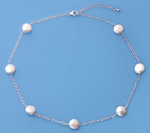 Sterling Silver Necklace with 11-12mm Coin Shape Freshwater Pearl