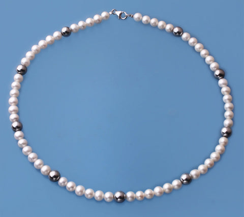Sterling Silver Necklace with 6.5-7mm Centre-Drilled Freshwater Pearl and Hematite