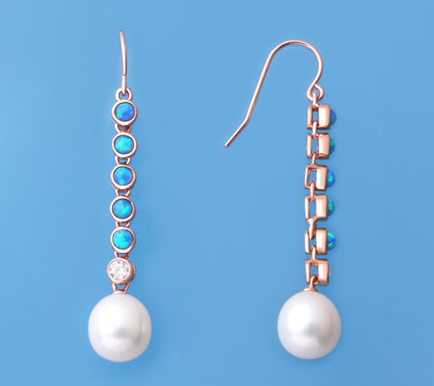 Rose Gold Plated Silver Earrings with Drop Shape Freshwater Pearl and Cubic Zirconia