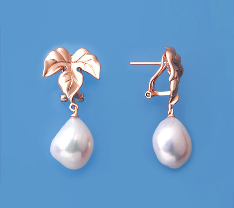 Rose Gold Plated Silver Earrings with 12-13mm Oval Shape Freshwater Pearl