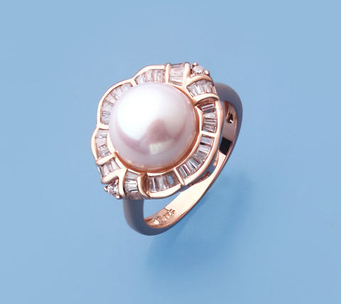 Rose Gold Plated Silver Ring with 10-10.5mm Button Shape Freshwater Pearl and Cubic Zirconia