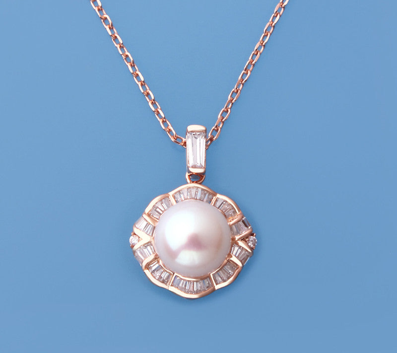 Rose Gold Plated Silver Pendant with 10-10.5mm Button Shape Freshwater Pearl and Cubic Zirconia - Wing Wo Hing Jewelry Group - Pearl Jewelry Manufacturer