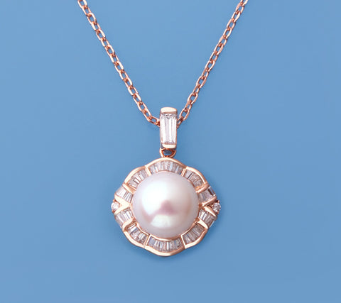 Rose Gold Plated Silver Pendant with 10-10.5mm Button Shape Freshwater Pearl and Cubic Zirconia