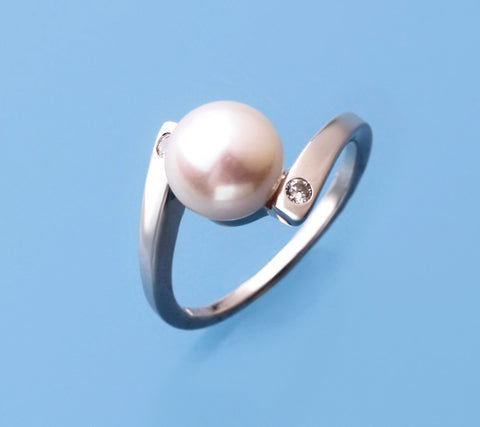Sterling Silver Ring with 8-8.5mm Button Shape Freshwater Pearl and Cubic Zirconia