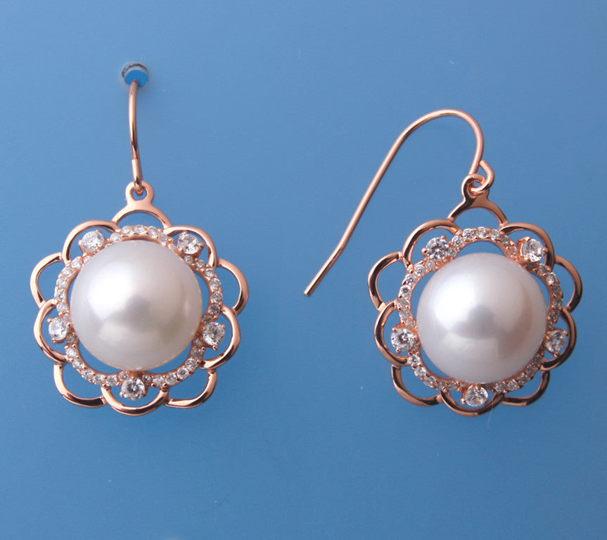 Rose Gold Plated Silver Earrings with 11-11.5mm Button Shape Freshwater Pearl and Cubic Zirconia - Wing Wo Hing Jewelry Group - Pearl Jewelry Manufacturer