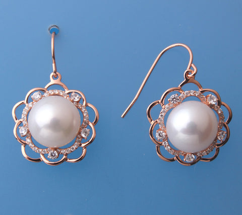 Rose Gold Plated Silver Earrings with 11-11.5mm Button Shape Freshwater Pearl and Cubic Zirconia