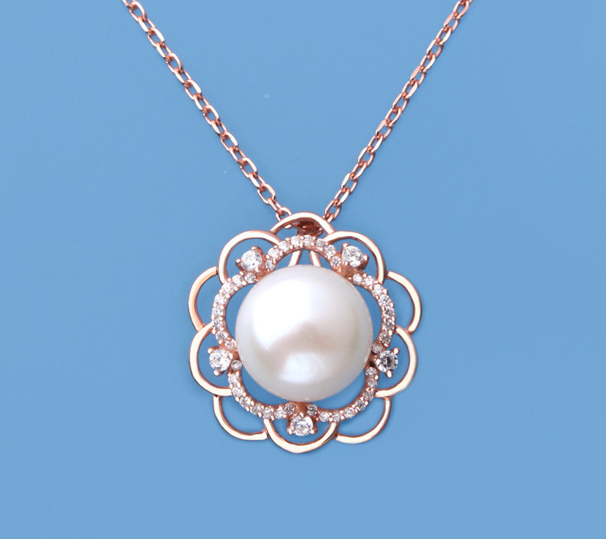 Rose Gold Plated Silver Pendant with 12-12.5mm Button Shape Freshwater Pearl and Cubic Zirconia - Wing Wo Hing Jewelry Group - Pearl Jewelry Manufacturer
