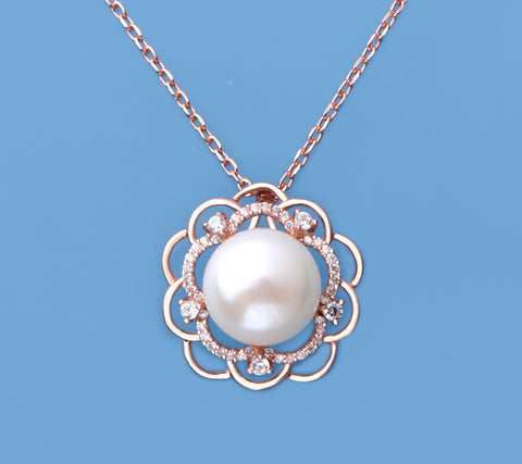 Rose Gold Plated Silver Pendant with 12-12.5mm Button Shape Freshwater Pearl and Cubic Zirconia