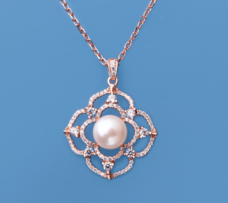 Rose Gold Plated Silver Pendant with 8-8.5mm Button Shape Freshwater Pearl and Cubic Zirconia - Wing Wo Hing Jewelry Group - Pearl Jewelry Manufacturer