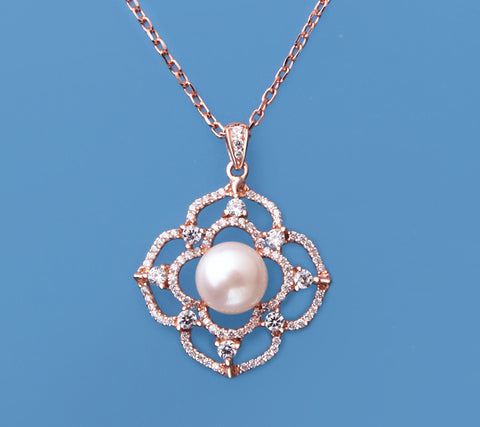 Rose Gold Plated Silver Pendant with 8-8.5mm Button Shape Freshwater Pearl and Cubic Zirconia