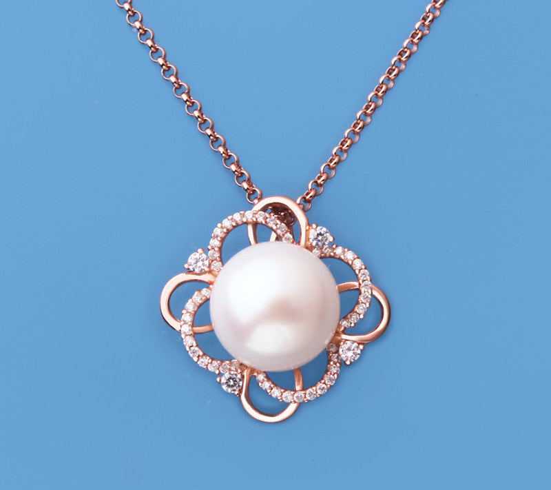Rose Gold Plated Silver Pendant with 12-12.5mm Button Shape Freshwater Pearl and Cubic Zirconia - Wing Wo Hing Jewelry Group - Pearl Jewelry Manufacturer
