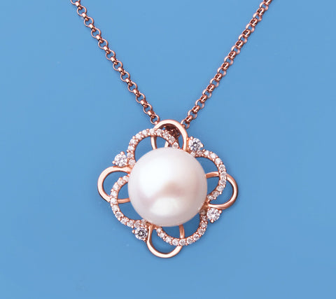 Rose Gold Plated Silver Pendant with 12-12.5mm Button Shape Freshwater Pearl and Cubic Zirconia
