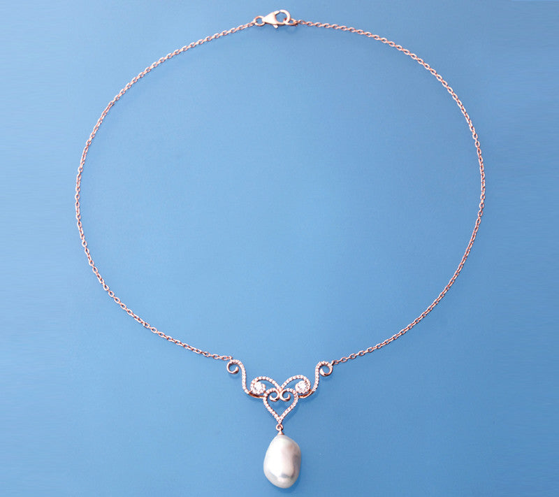 Rose Gold Plated Silver Pendant with 11-12mm Baroque Shape Freshwater Pearl and Cubic Zirconia - Wing Wo Hing Jewelry Group - Pearl Jewelry Manufacturer