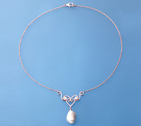 Rose Gold Plated Silver Pendant with 11-12mm Baroque Shape Freshwater Pearl and Cubic Zirconia