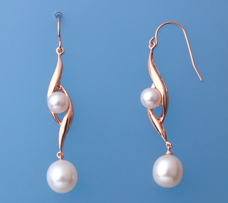 Rose Gold Plated Silver Earrings with Button and Drop Shape Freshwater Pearl - Wing Wo Hing Jewelry Group - Pearl Jewelry Manufacturer