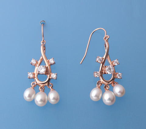 Rose Gold Plated Silver Earrings with Drop Shape Freshwater Pearl and Cubic Zirconia