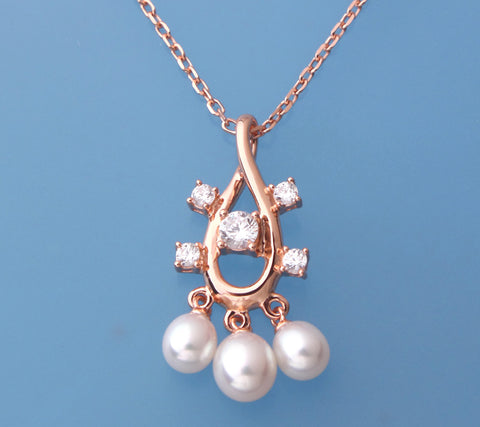 Rose Gold Plated Silver Pendant with Drop Shape Freshwater Pearl and Cubic Zirconia